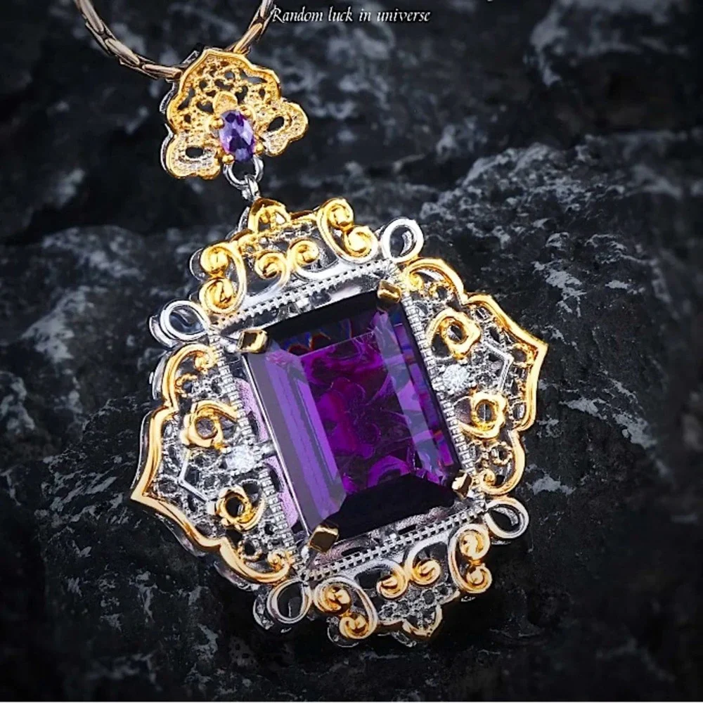 Antique Amethyst Pendant Necklace, Two Tone, Gold, Silver, Women’s, Gemstone,
